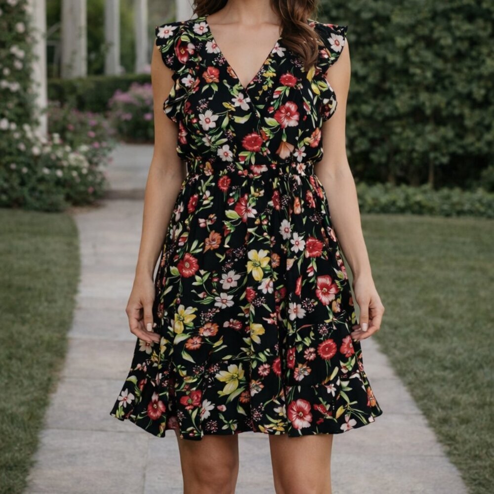 4/$30 Bundle 🌈Charming Charlie Floral Ruffle Sleeve Wrap Dress Black L